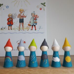 Les lutins météo, un kit DIY de Pique & Colegram pour réaliser des lutins en bois et feutrine de laine